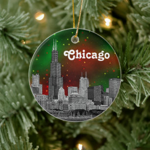 Chicago-Skyline eingeätzt, grüner roter Sternenhim Keramik Ornament