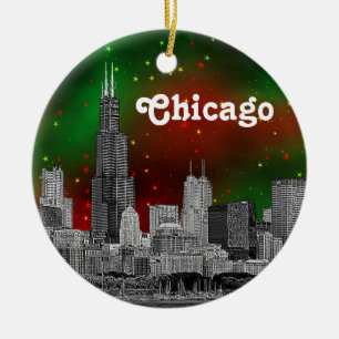 Chicago-Skyline eingeätzt, grüner roter Sternenhim Keramikornament
