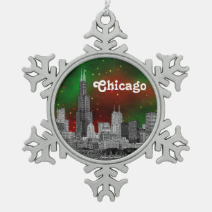 Chicago-Skyline eingeätzt, grüner roter Sternenhim Schneeflocken Zinn-Ornament