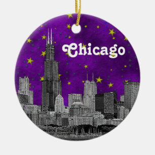 Chicago-Skyline eingeätzt, lila Sternenhimmel Keramik Ornament
