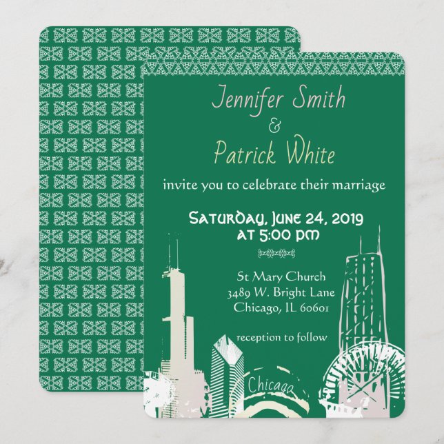Chicago Skyline Emerald lace élégante Invitation (Devant / Derrière)