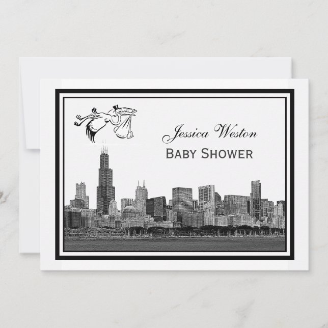 Chicago Skyline Etch Gerahmt #2H Baby Shower Stork Einladung (Vorderseite)
