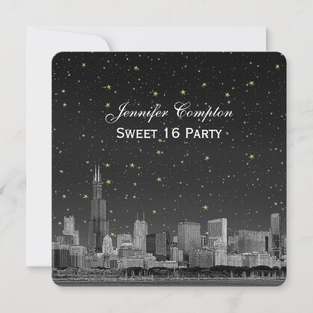 Chicago Skyline Etch Gray Starry SQ Sweet 16 Einladung (Vorderseite)