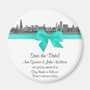 Chicago Skyline Etched BW Aqua Save the Date R Magnet