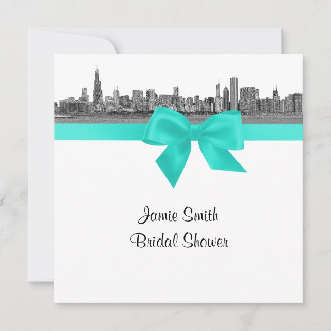 Chicago Skyline Etched BW Aqua SQ Brautparty Einladung (Vorderseite)