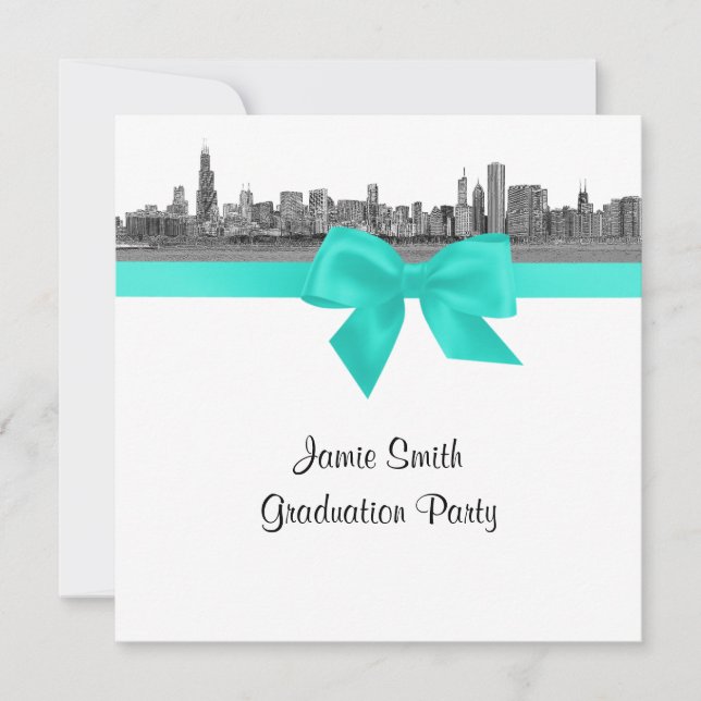 Chicago Skyline Etched BW Aqua SQ Graduation Party Einladung (Vorderseite)