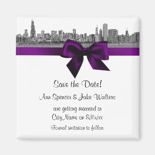 Chicago Skyline Etched BW Save the Date Lila Magnet