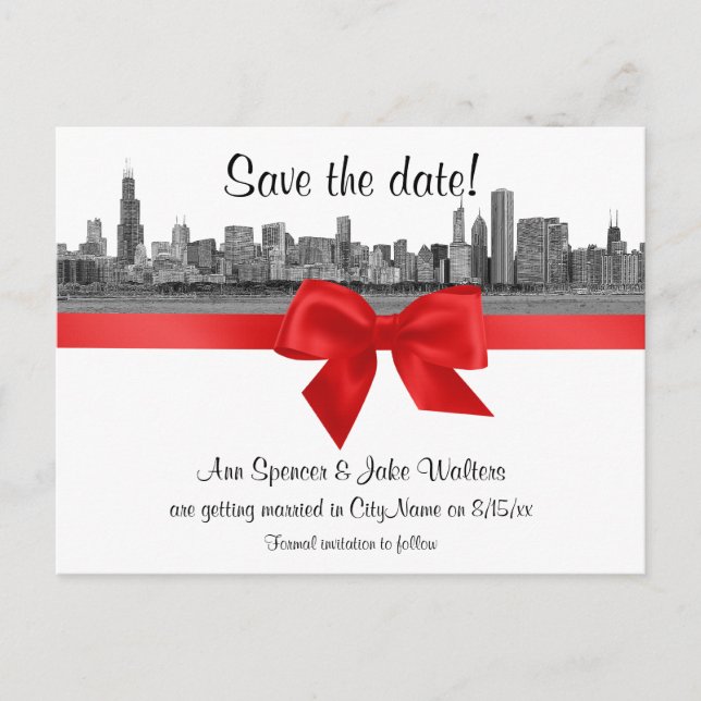 Chicago Skyline Etched BW Save the Date Red Ankündigungspostkarte (Vorderseite)