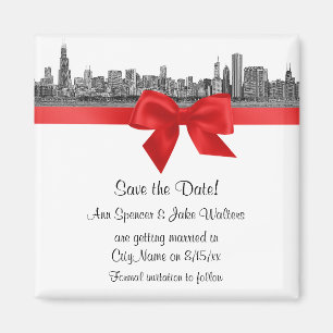 Chicago Skyline Etched BW Save the Date Red Magnet