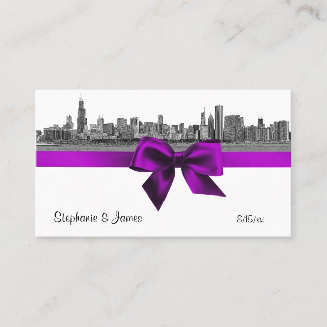 Chicago Skyline Etched BW Violet Escort Cards Platzkarte (Vorderseite)