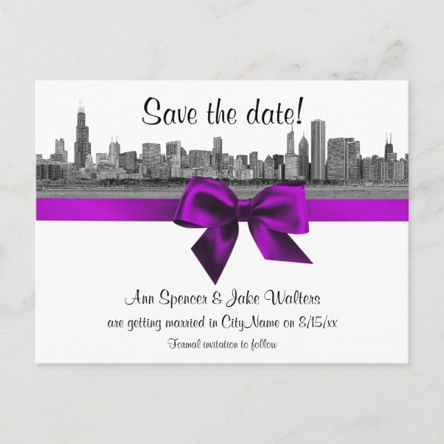 Chicago Skyline Etched BW Violet Save the Date Ankündigungspostkarte (Vorderseite)