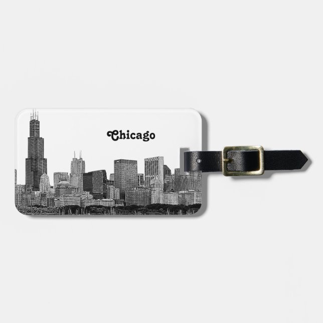 Chicago Skyline Etched Gepäckanhänger (Vorderseite horizontal)