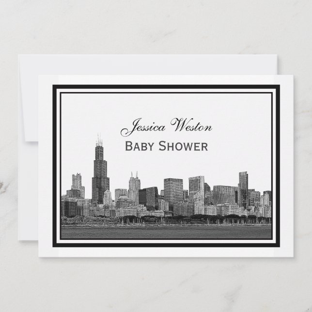 Chicago Skyline Etched Gerahmt #2 H Baby Shower Einladung (Vorderseite)