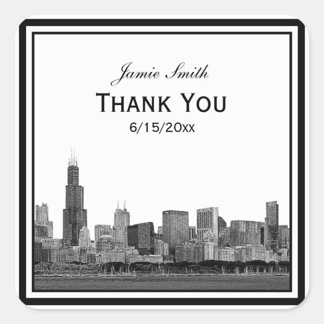 Chicago Skyline Etched Gerahmt Danke Quadratischer Aufkleber (Vorderseite)
