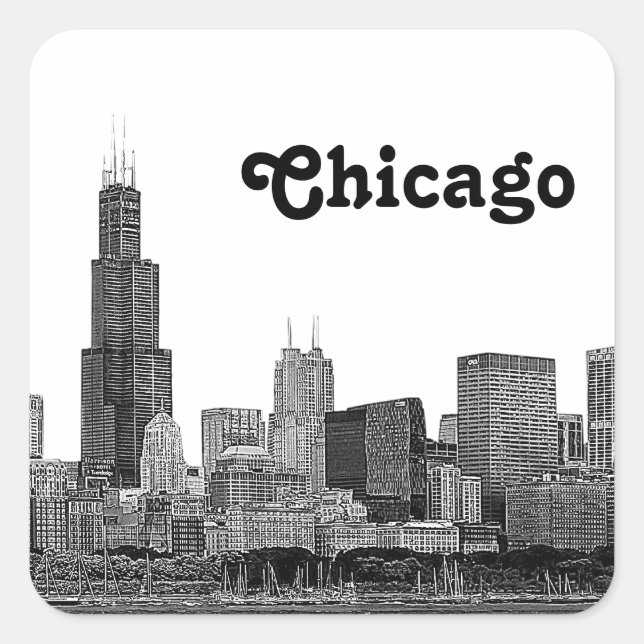 Chicago Skyline Etched Quadratischer Aufkleber (Vorderseite)