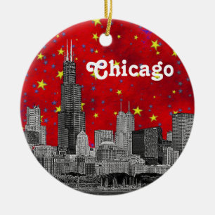 Chicago Skyline Etched, Red Starry Keramikornament