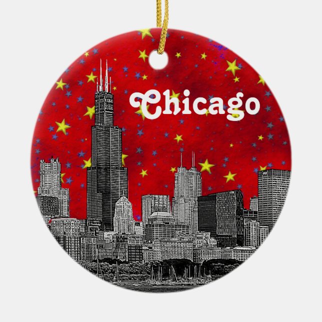 Chicago Skyline Etched, Red Starry Keramikornament (Vorne)