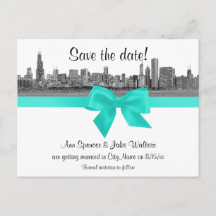 Chicago Skyline geätzt BW Aqua Save the Date Ankündigungspostkarte
