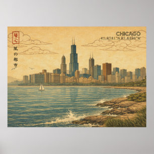 Chicago Skyline in japanischem Ukiyo-e-Stil Poster