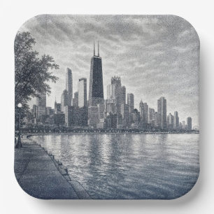 Chicago-Skyline in Pointillistischer Kunst Pappteller