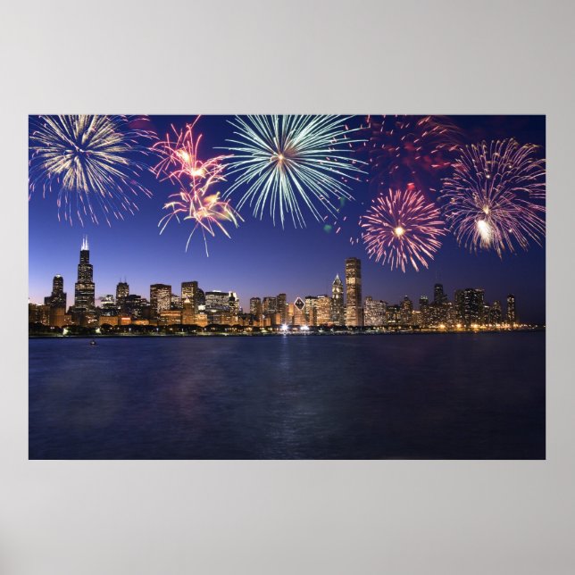 Chicago Skyline mit Fireworks Print Poster (Vorne)