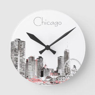 Chicago Skyline modern grey  pink design Runde Wanduhr