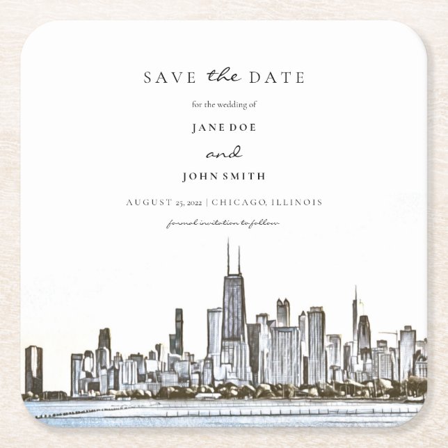 Chicago Skyline Paper Untersetzer Save the Date (Vorderseite)