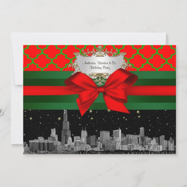 Chicago Skyline, Red Green Quatrefoil Xmas Einladung (Vorderseite)