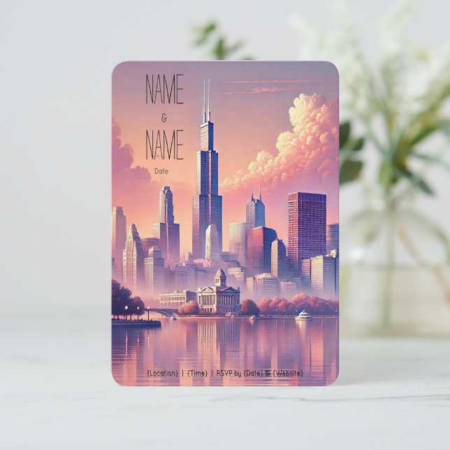 Chicago Skyline RSVP Card Karte (Stehend Vorderseite)