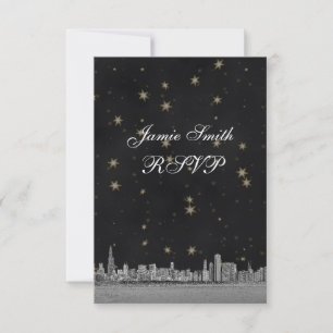 Chicago Skyline Schwarz Gold Star RSVP mit Menü Karte