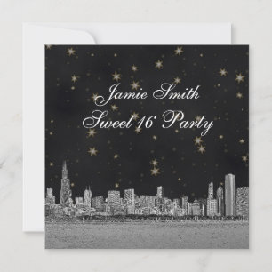 Chicago Skyline Schwarz Gold Star Sweet 16 Einladung