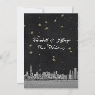 Chicago Skyline Schwarz Gold Stern V Hochzeit Einladung