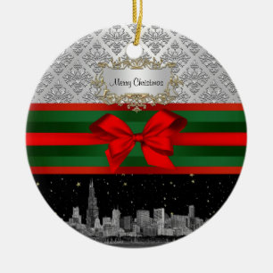 Chicago Skyline Silber Weiß Damast #3 Schleife Wei Keramikornament