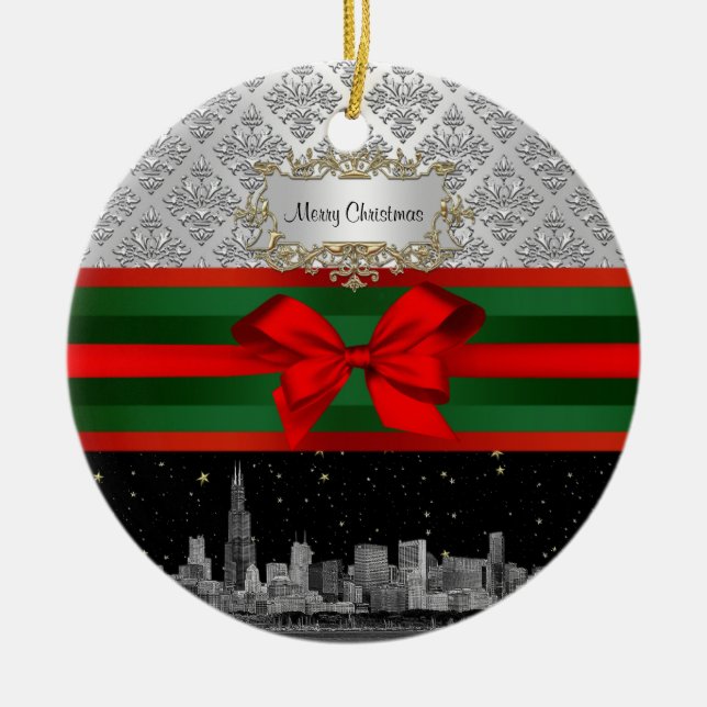 Chicago Skyline Silver White Damask #3 Bow Xmas Keramikornament (Vorne)
