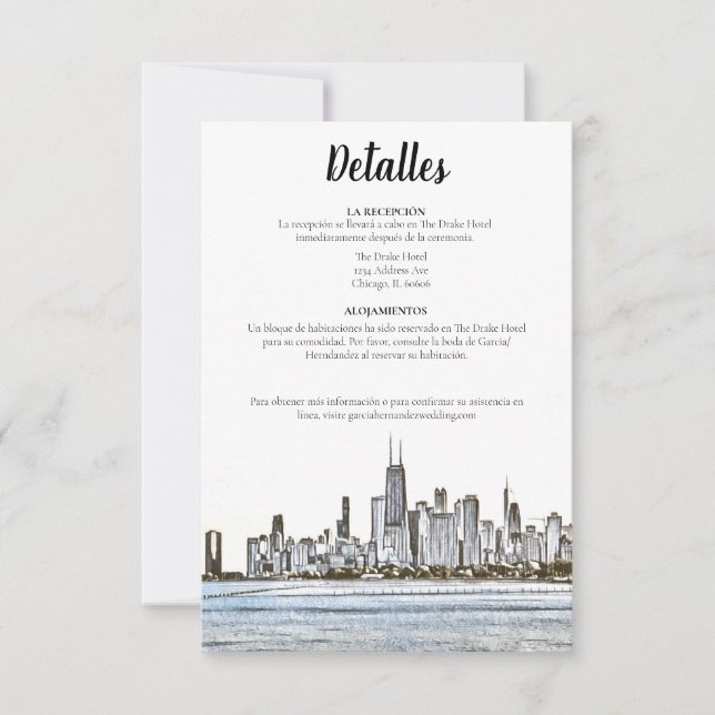 Chicago Skyline Spanish Details Card Einladung (Vorderseite)