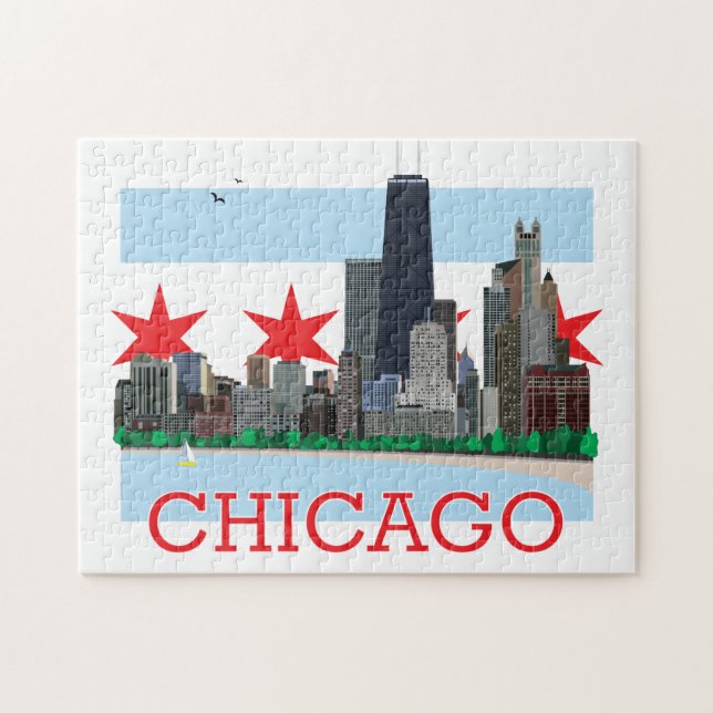 Chicago Skyline und City Flag (Horizontal)