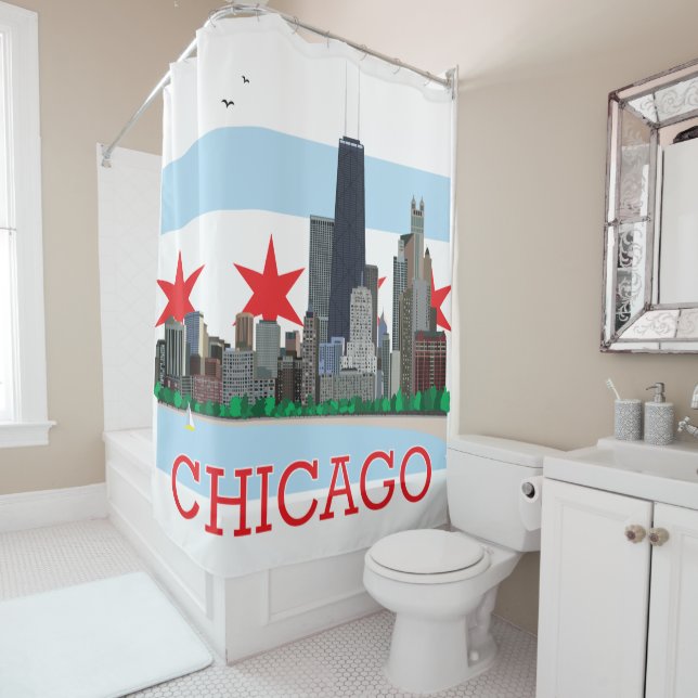 Chicago-Skyline und Stadt-Flagge Duschvorhang (Beispiel)
