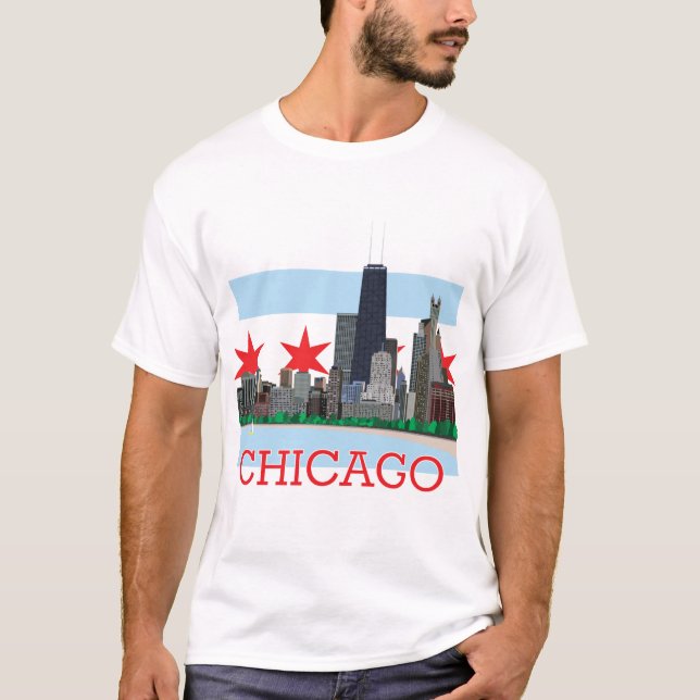 Chicago-Skyline und Stadt-Flagge T-Shirt (Vorderseite)