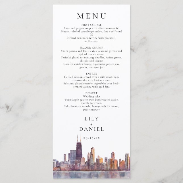 Chicago Skyline Watercolor Destination Wedding Menükarte (Vorderseite)