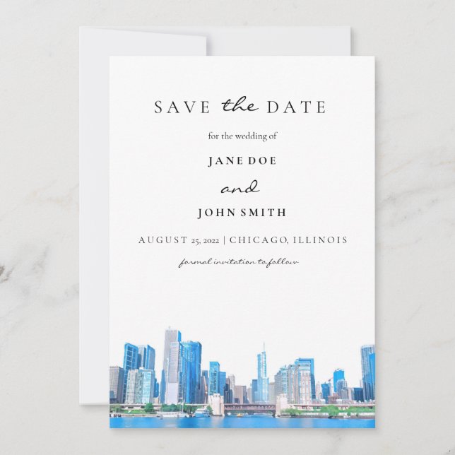 Chicago Skyline Wohnung Save the Date Karte (Vorderseite)