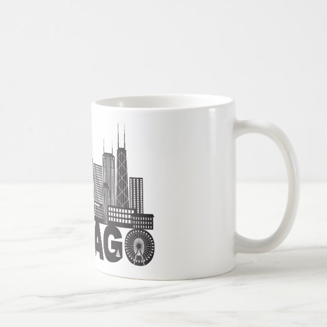 Chicago-Stadt-Skyline-Text Schwarzweiss Kaffeetasse (Rechts)