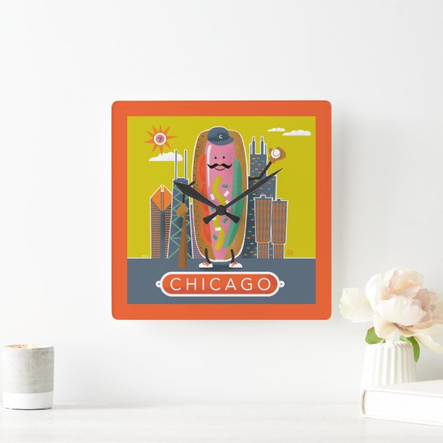 Chicago-Style Hotdog Quadratische Wanduhr (Zuhause)