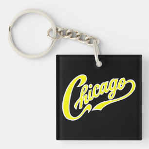 Chicago Text in Yellow Script BLK Schlüsselanhänge Schlüsselanhänger