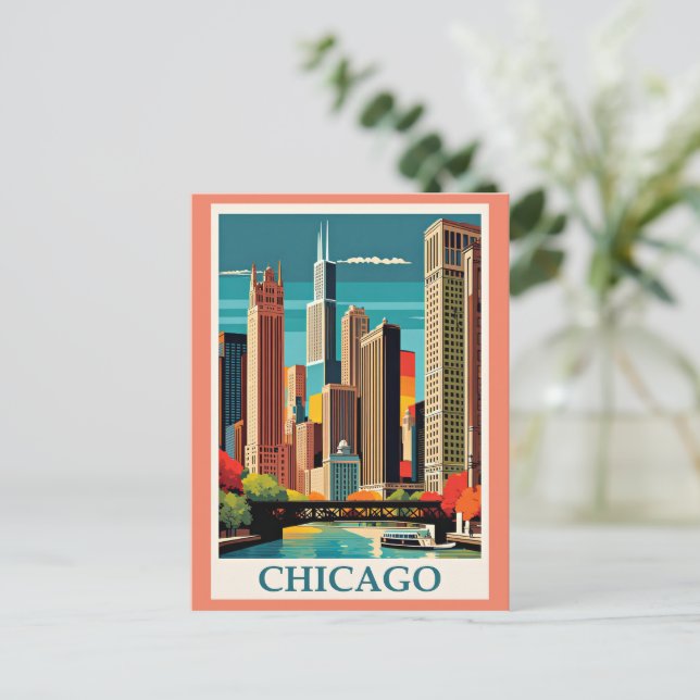 Chicago Vintag Illustration Postkarte (Stehend Vorderseite)