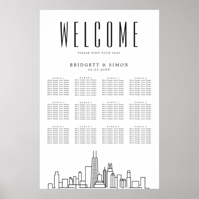 Chicago Wedding | 12 Tabelle Seating Chart Poster (Vorne)