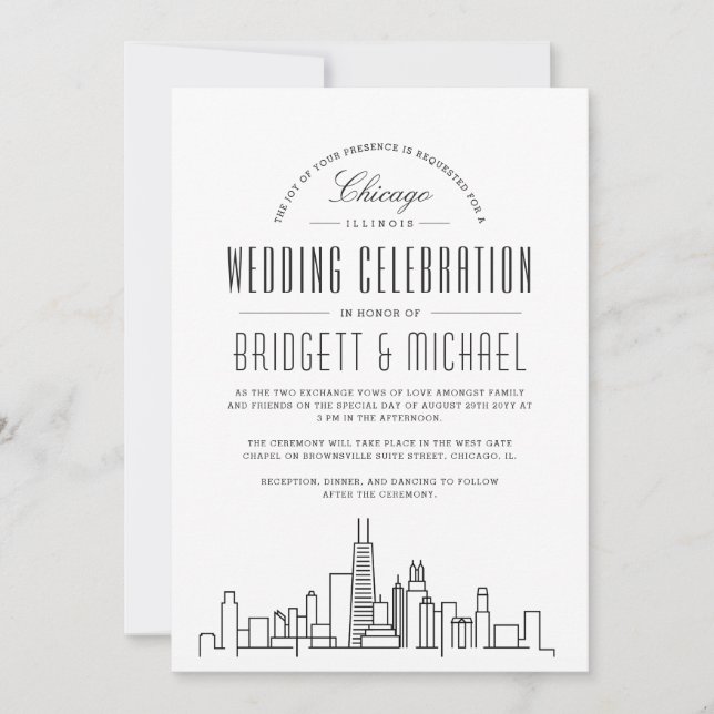 Chicago Wedding | Moderner Deko Skyline Einladung (Vorderseite)