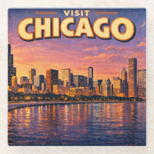 Chicagoer Skyline und Lake Michigan am Abend Glasuntersetzer