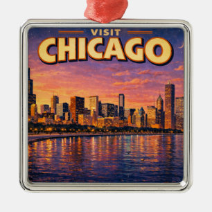 Chicagoer Skyline und Lake Michigan am Abend Ornament Aus Metall
