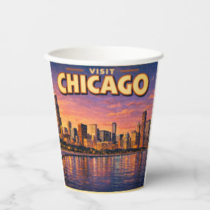 Chicagoer Skyline und Lake Michigan am Abend Pappbecher