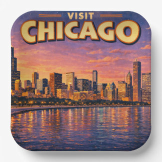 Chicagoer Skyline und Lake Michigan am Abend Pappteller